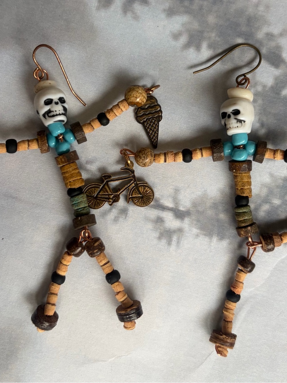 Handmade Skull Bead Dangle Earrings in Cream and Turquoise